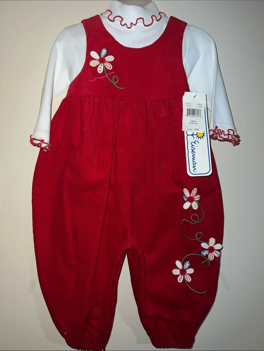 Florence Eiseman Red Floral Corduroy Baby Romper with White Ruffle Top